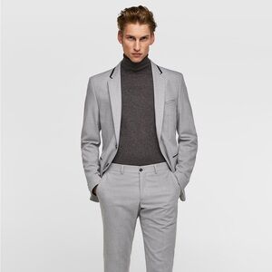 Zara light gray slim fit sports coat blazer suit jacket size 40 black trim